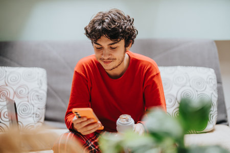 Young man relaxing at home with smart phone and coffeeの写真素材
