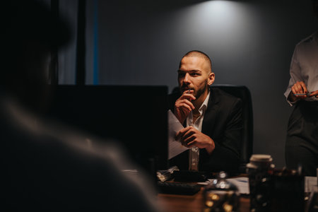 Focused businessman working in an office setting alongside coworkers in professional attire.