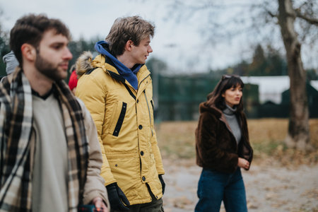 Group of friends walking outdoors in winter clothing on a chilly day
