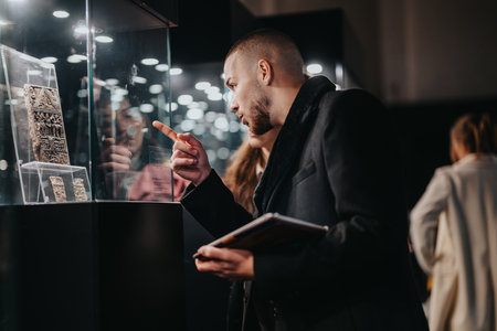 Man observing ancient artifacts in a museum exhibit displayの写真素材