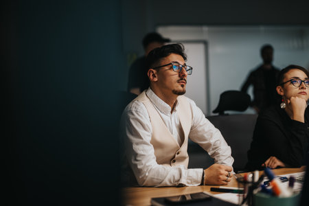 Focused business colleagues collaborating in a modern office settingの写真素材