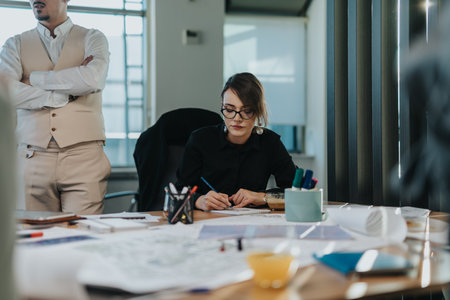 Group of focused business people working together in a contemporary office environment, engaging in collaborative planning and development.の写真素材