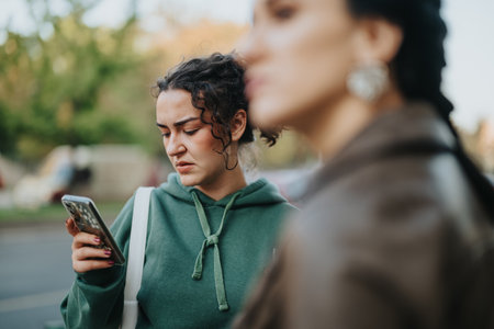Young woman making a displeased expression while looking at her phone outdoorsの写真素材