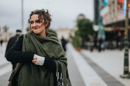 Smiling woman in a scarf on a city street during winterの写真素材