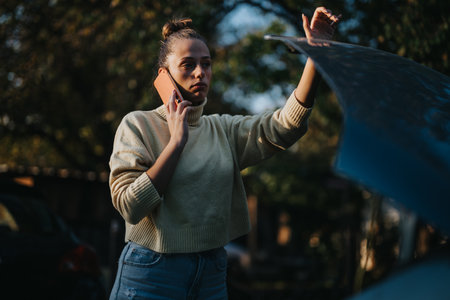 Woman calling for roadside assistance while checking under the car hood