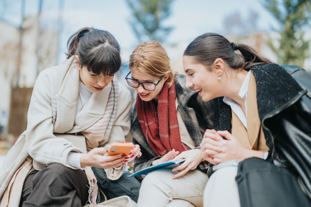 Three Professional Women Sharing Ideas and Engaging with Technology Outdoors