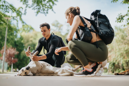 Two friends enjoying outdoor exercise while bonding with a dog in a peaceful parkの写真素材