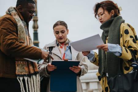 Team discussing documents outdoors in city wearing stylish winter clothing