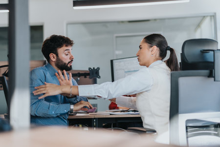 Business colleagues engaged in a lively discussion at the office