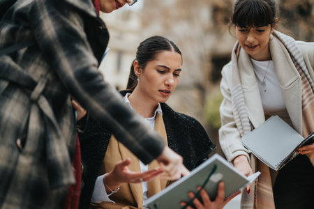 Businesswomen discussing plans and reviewing documents in an outdoor meetingの写真素材