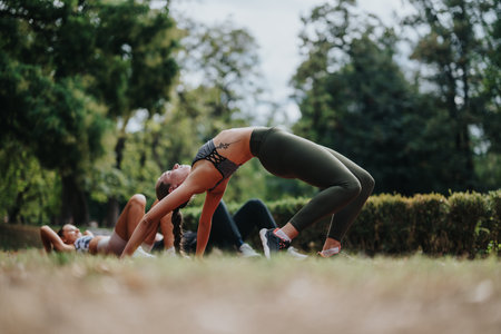 Group of Friends Exercising Together Outdoors in a Parkの写真素材