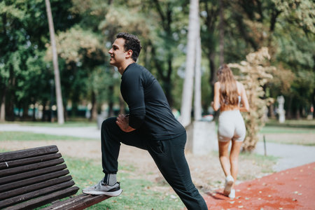 Man stretching on a bench in a park as a woman jogs by on a scenic pathの写真素材