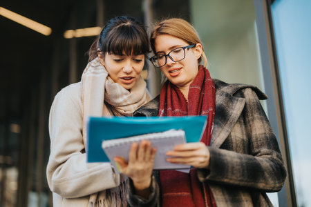 Two women collaborating outdoors, reviewing documents together in a casual setting