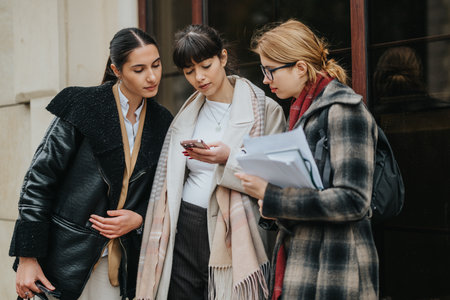Three professional women collaborating and using smart phone outdoorsの写真素材