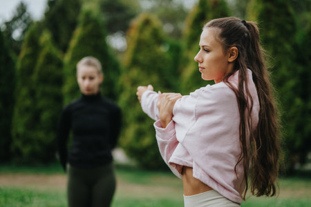Two women outdoors in a natural park environmentの写真素材