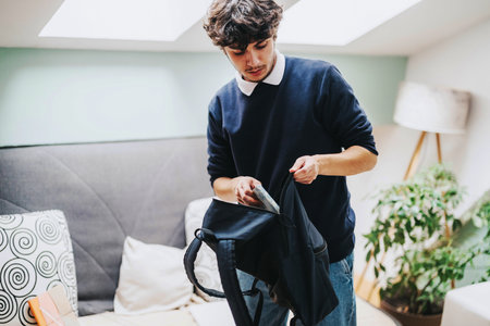 Young student organizing his backpack in a cozy living roomの写真素材