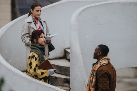 Diverse group conversation on a curved stairway outdoors