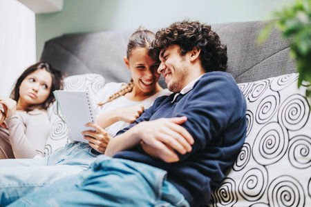 Friends sitting on couch sharing a laugh while studying togetherの写真素材