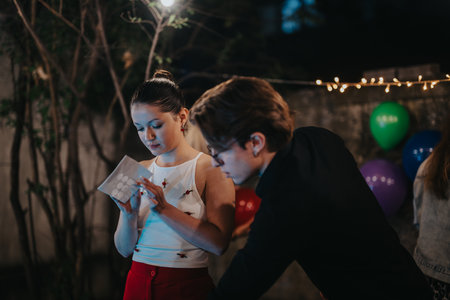Two individuals enjoying a decorated outdoor evening gathering with colorful balloonsの写真素材
