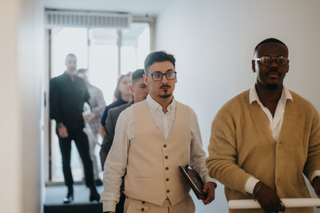 Multiracial business people walking in modern office environment