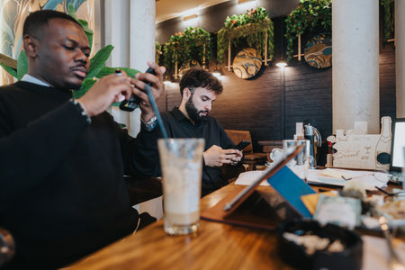 Business professionals collaborating in a vibrant modern cafe environment