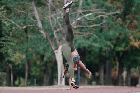 Athletic Woman Practicing Handstand Outdoors in a Park Setting