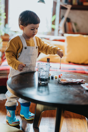 Young child enjoying creative arts and crafts at homeの写真素材