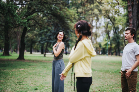 Students participating in an engaging sports class outdoors with instructorの写真素材