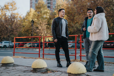 Three friends having a casual conversation on a city streetの写真素材