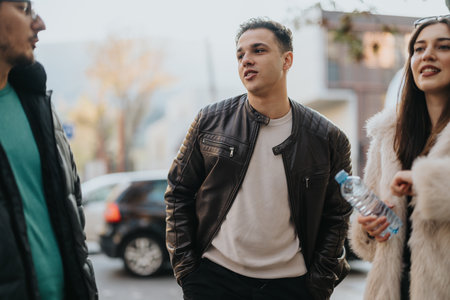 Group of friends talking and enjoying a casual outdoor afternoon togetherの写真素材