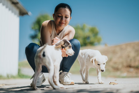 Woman spending quality time with adorable puppies outdoorsの写真素材
