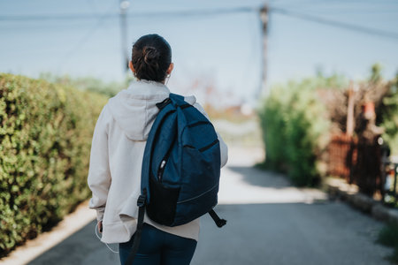 Back view of girl walking with backpackの写真素材