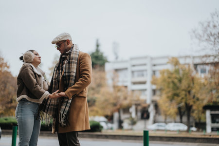 Smiling couple enjoying a walk together on a crisp autumn dayの写真素材
