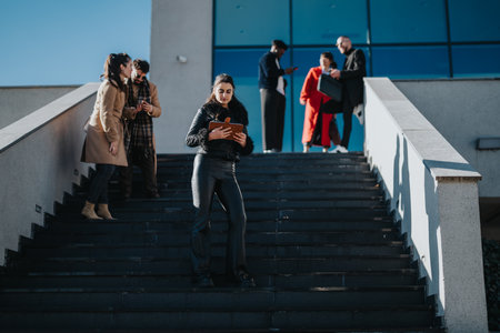 Young business professionals interacting outdoors on modern office stairs