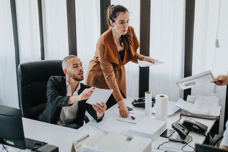 Office colleagues collaborating on documents in a modern bright workspace