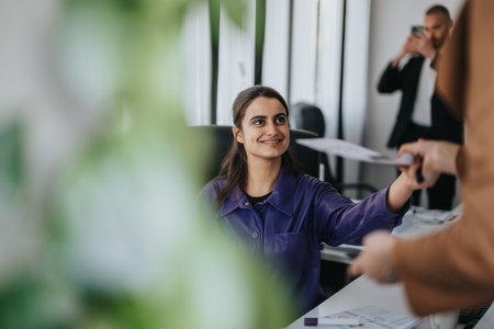Smiling businesswoman exchanging documents during a collaborative office meeting