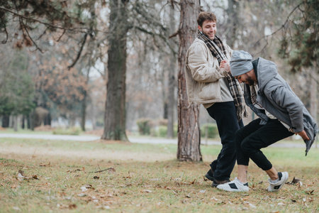 Two friends enjoying playful moments in an autumn parkの写真素材