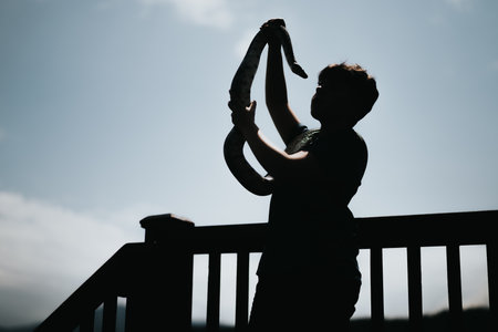 Silhouette of a girl playing with pet snake outdoorsの写真素材