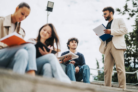 Group of students collaborating with professor assisting outdoorsの写真素材