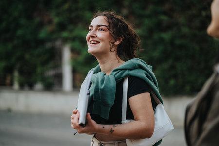 Smiling young woman outdoors holding books and dressed casually