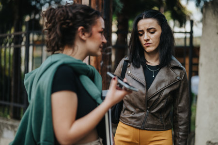 Two females in emotional interaction outdoors, focusing on relationship dynamicsの写真素材
