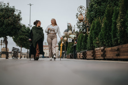 Two women walking together on a city street enjoying a casual conversationの写真素材
