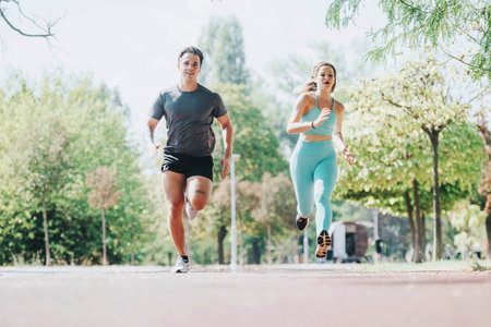 Friends running together in a sunny park during a workout session