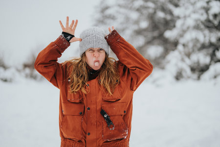 Woman playfully posing in snowy outdoors wearing orange coat and gray beanie, displaying an amusing...
