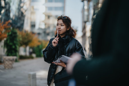 Woman contemplating outdoors with book and pen in an urban settingの写真素材