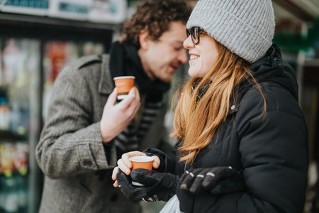 Friends enjoying hot drinks outdoors on a cold winters dayの写真素材