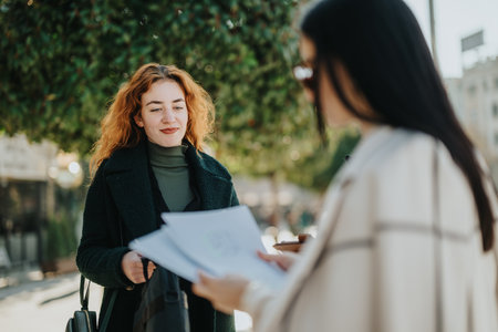 Two young women in outdoor meeting discussing documents and strategyの写真素材
