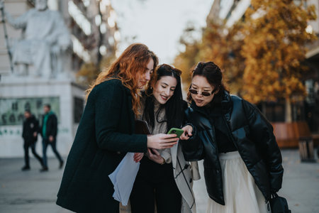 Three women enjoying a conversation and looking at a phone outdoorsの写真素材