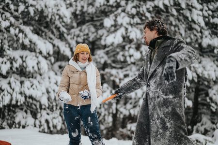 Happy couple playing in the snow during a chilly winter day outdoorsの写真素材