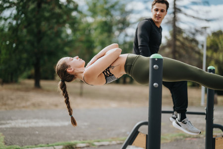 Young woman practicing fitness exercises with instructor in outdoor park setting